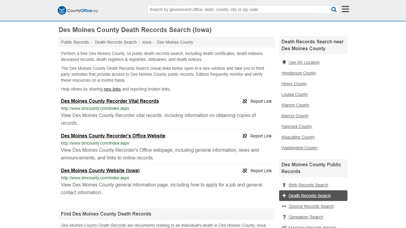 Death Records Search - Des Moines County, IA (Death ...