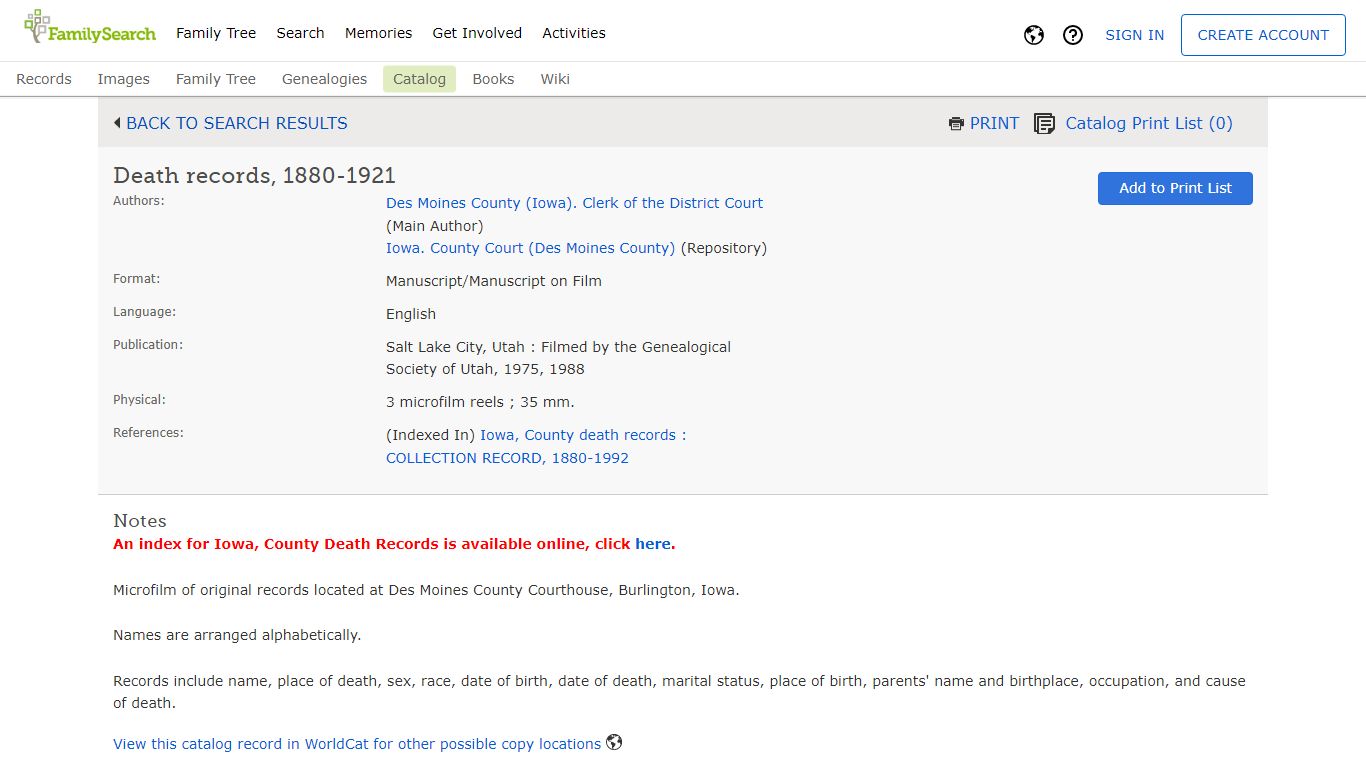 FamilySearch Catalog: Death records, 1880-1921 ...